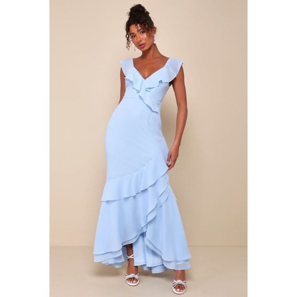 Lulus Charming Event Light Blue Asymmetrical Ruffled Maxi Dress - Size L